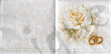 Serviette wedding rings & white rose