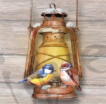 Serviette birds on lamp