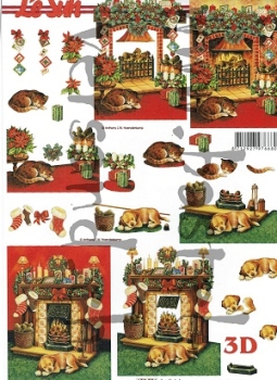 3D Schnittbogen Welpe und Katze vor dem Kamin