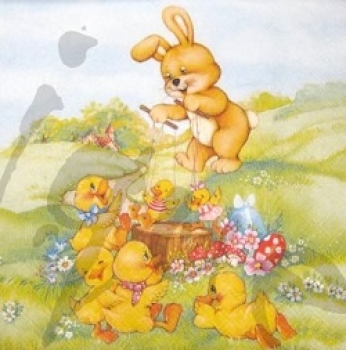 Serviette häschen spielt mit küken