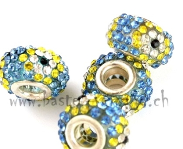 Perle 15mm mit Strasssteinen blau mit Blümchen