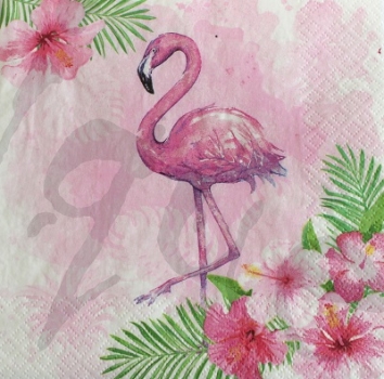 Serviette watercolour flamingo with hibiscus flowers