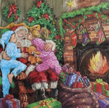 Serviette children kissing santa claus