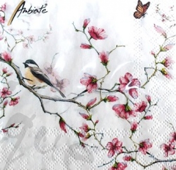 Serviette bird and blossom white