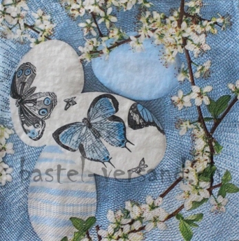 Serviette decoupage eggs with cherry twigs