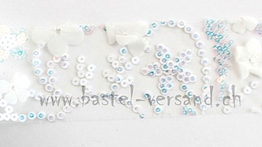 Preview: Tüll 6cm weiss mit Pailletten und Blumen