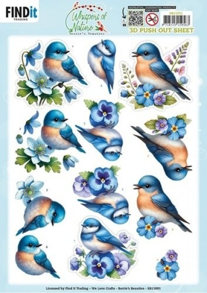 3D Stanzbogen Vogel auf Blume blau