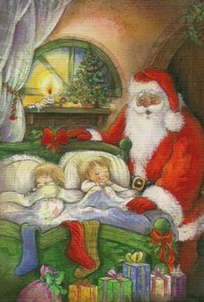 3D Schnittbogen Nikolaus bei den Kinder am Bett