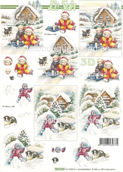 3D Schnittbogen Kinder im Schnee mit Welpe