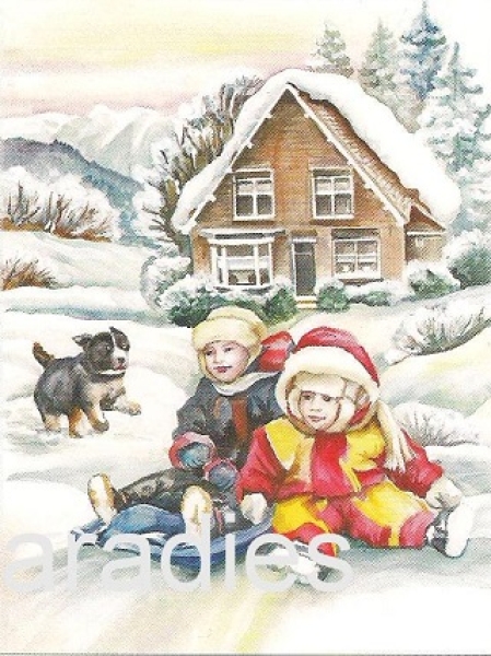 3D Schnittbogen Kinder im Schnee mit Welpe