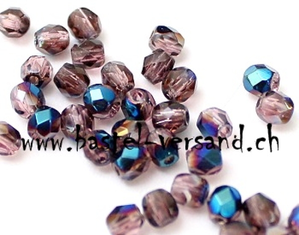 Glasfacettenperle 4mm aubergine/blau