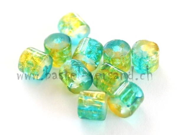 Glasperle Walze Crackle 6mm gelb / türkis