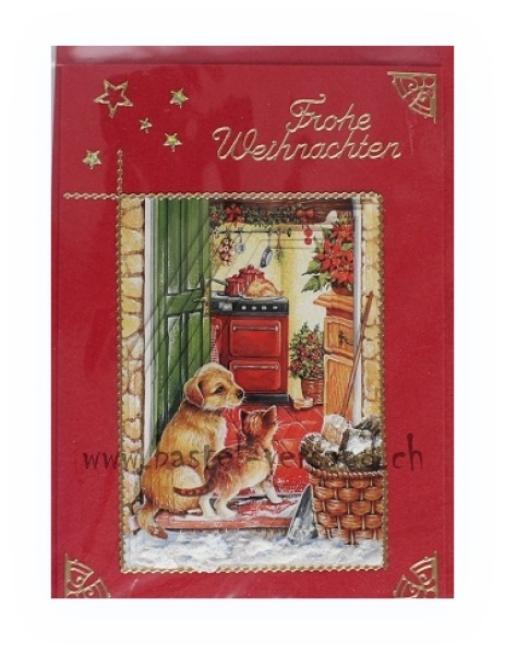 Weihnachtskarte Welpe und Büsi "Frohe Weihnachten"