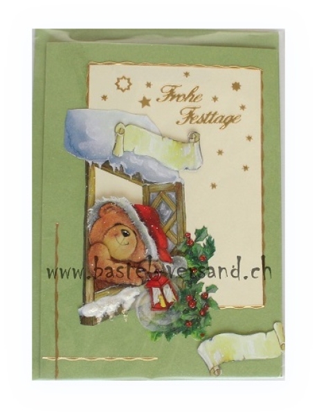 Weihnachtskarte Bär am Fenster "Frohe Festtage"