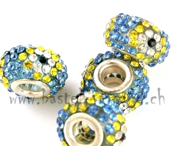 Perle 15mm mit Strasssteinen blau mit Blümchen