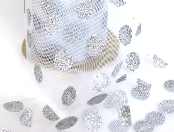 Tüll 10cm weiss mit Glitter tupfen silber