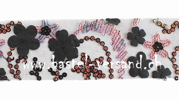 Tüll 6cm schwarz mit Pailletten und Blumen
