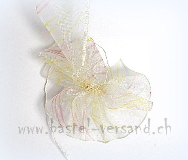 Tüll Ziehband 5cm weiss mit gelb und roten Streifen