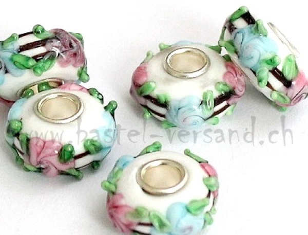 Glasperle 15mm Blümchen rosa und hellblau