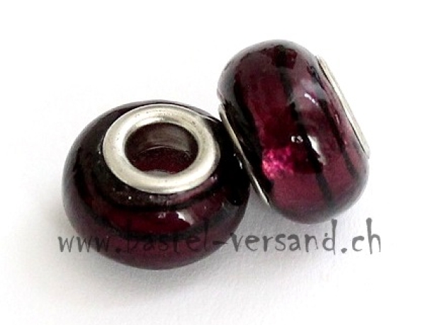 Glasperle 14mm aubergine mit linien schwarz