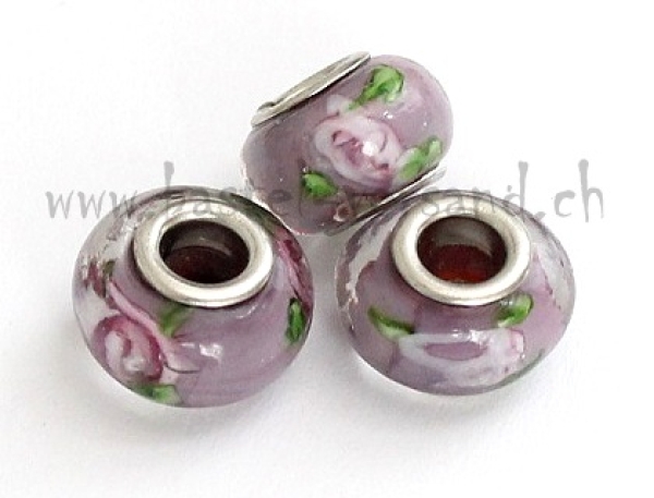Glasperle 14mm lila mt Blümchen