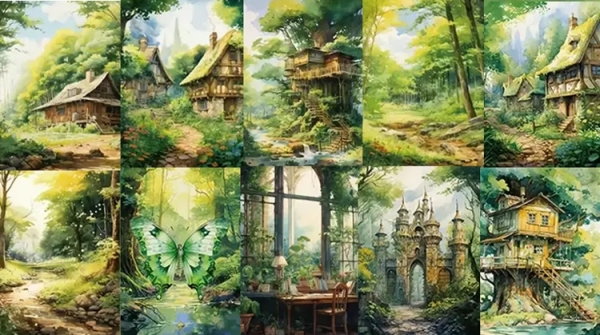 Designpapier Häuser im Wald