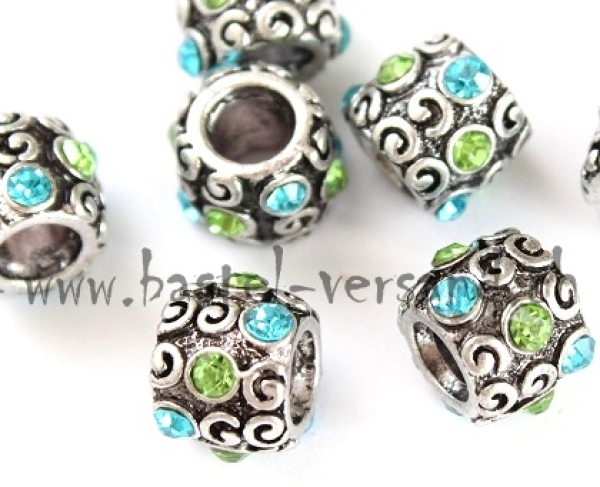 Metallperle 10mm mit Strasssteinen blau/grün