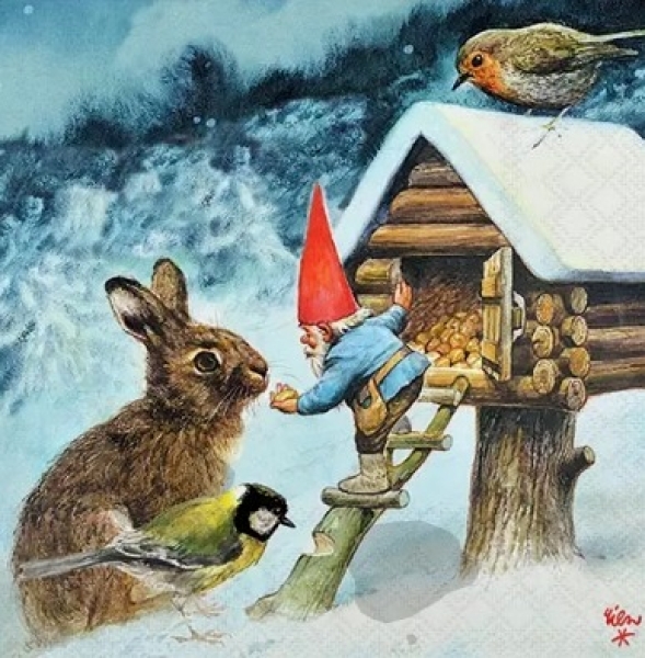 Serviette gnome feeding animals