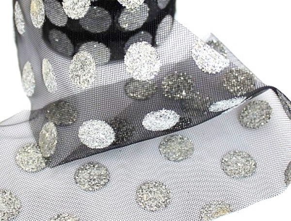 Tüll 10cm schwarz mit Glitter tupfen silber