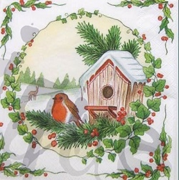 Serviette rotkehlchen beim vogelhaus