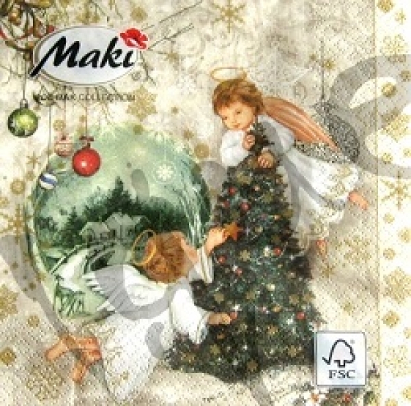 Serviette two angels & christmas tree