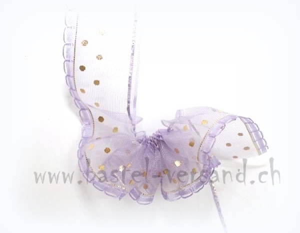 Tüll Ziehband 3,5cm lila mit goldtupfen